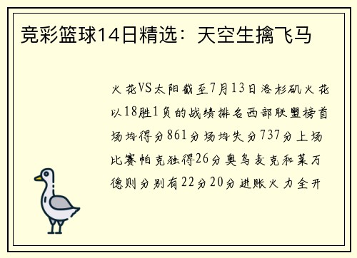 竞彩篮球14日精选：天空生擒飞马